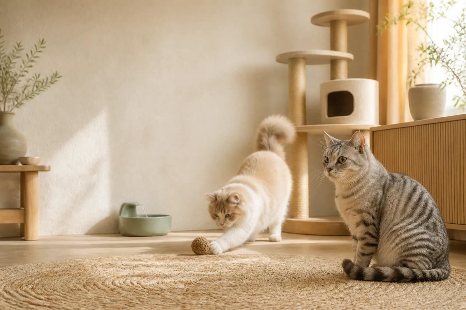 Deux chats dans un intérieur lumineux avec fontaine et arbre à chat